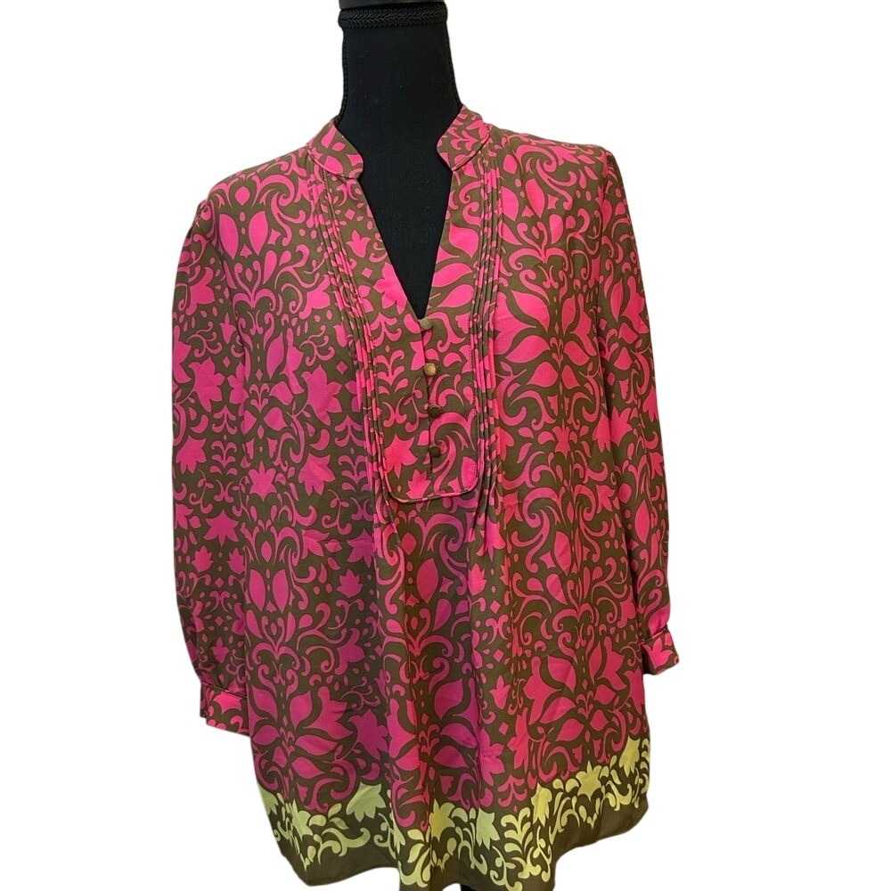 Banana Republic Womens Large Pink Olive Damask Print Pintuck V-Neck Tunic Blouse